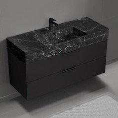 Floating Black Bathroom Vanity, Modern, 48 inch, Black Marble Style Sink
